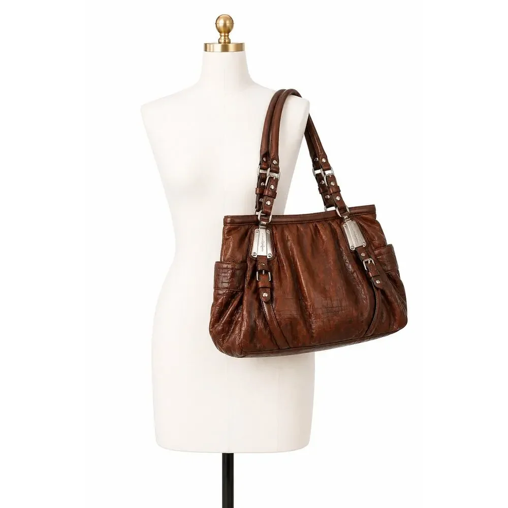 B Makowsky Brown Leather Satchel Croc Embossed Shoulder Bag Large Designer Tote